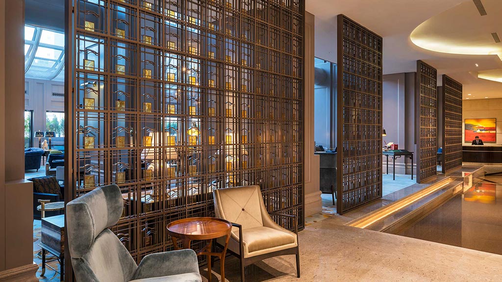 A room with a large glass wall.