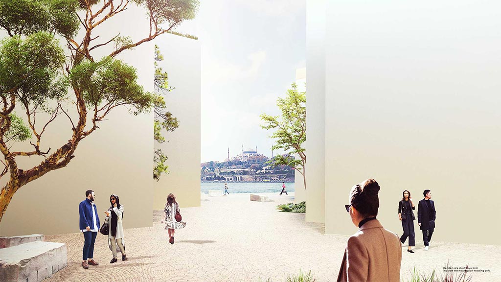 A group of people walking on a path by water.