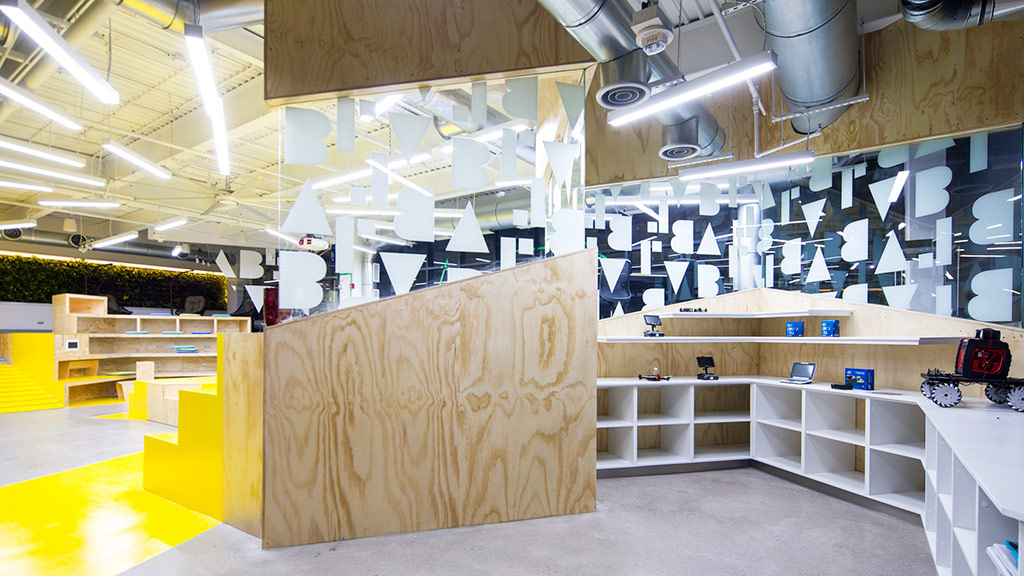 A room with a large wooden box.