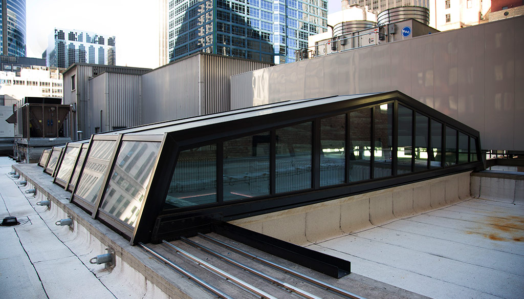 A building with a glass wall.
