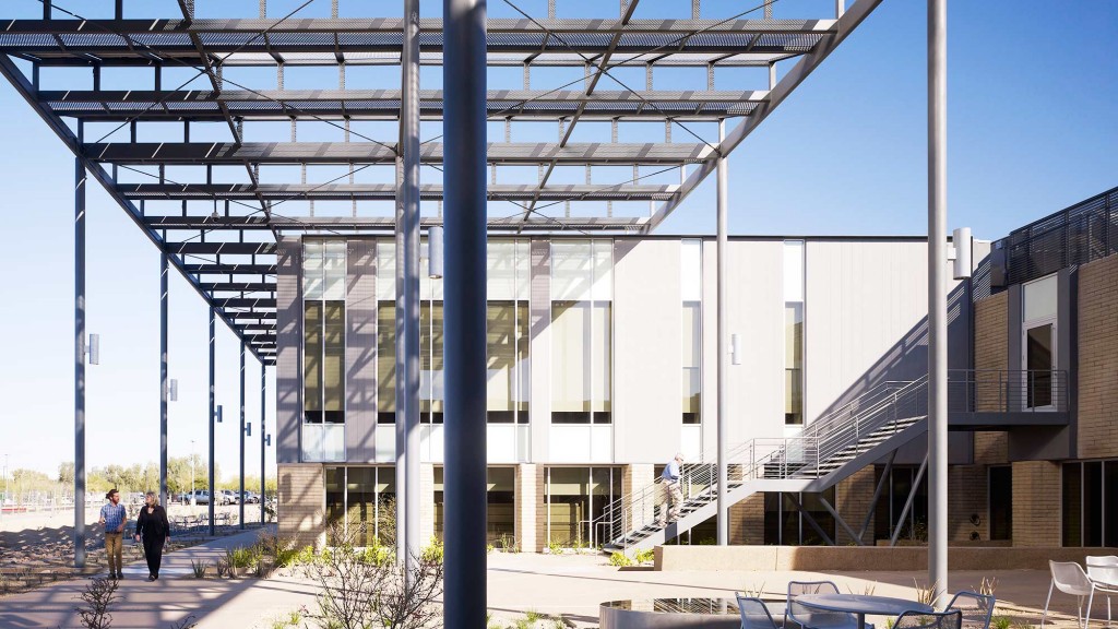 A building with a glass front.