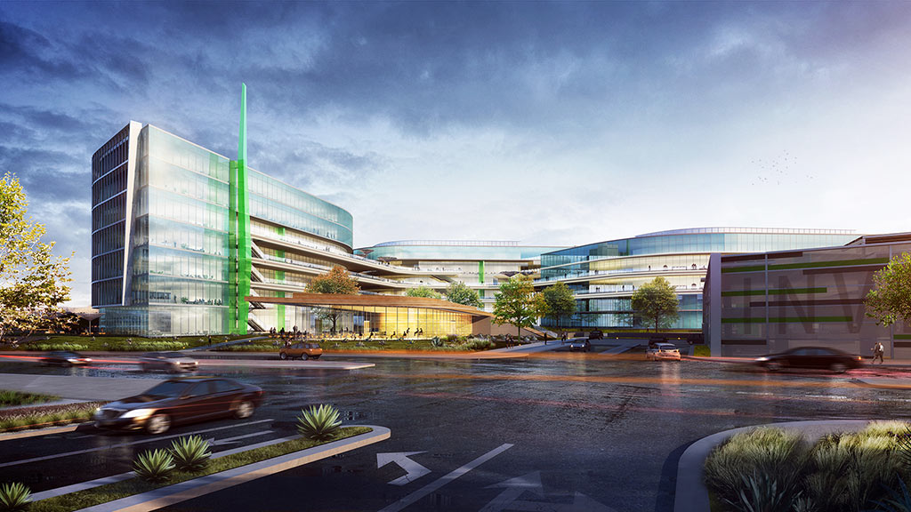 A large building with a parking lot.