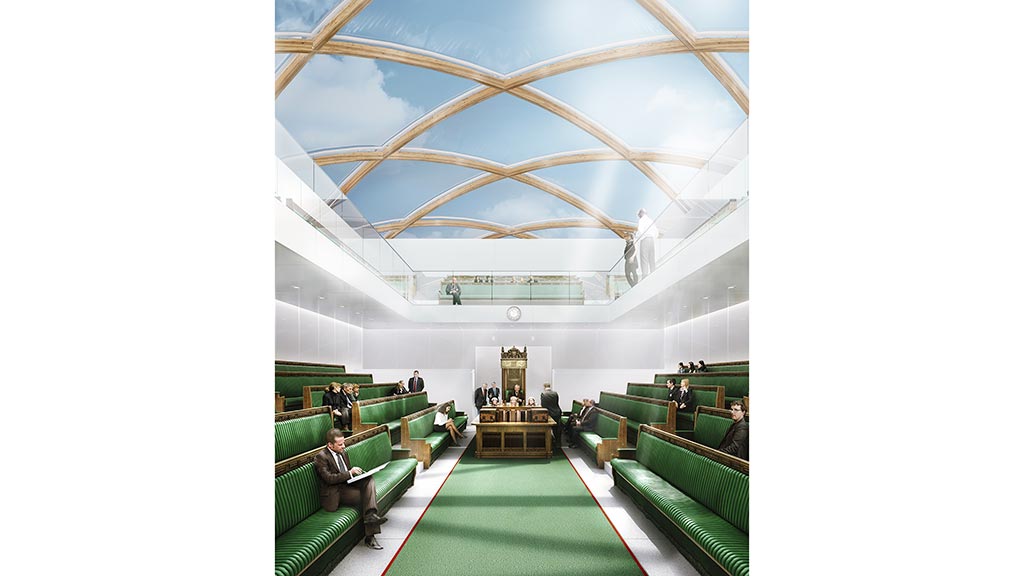 A large room with green couches and a large glass ceiling.