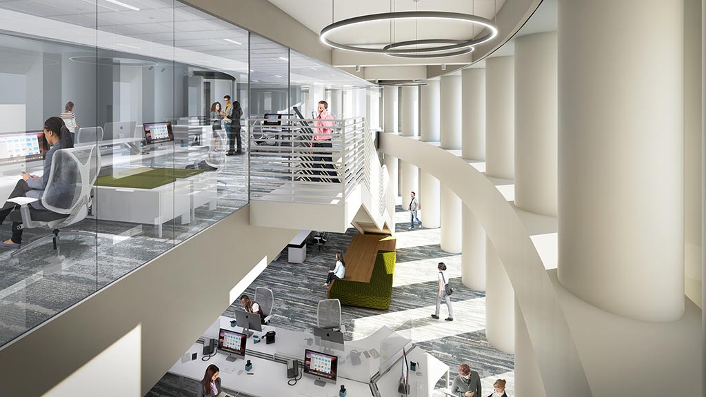 A high angle view of people inside a building.