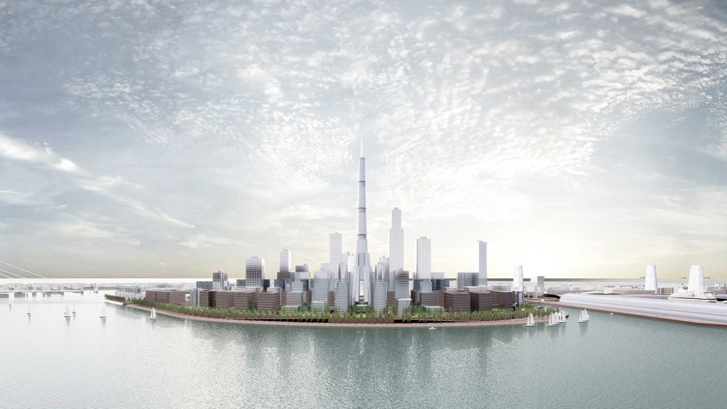 A city skyline with a bridge.