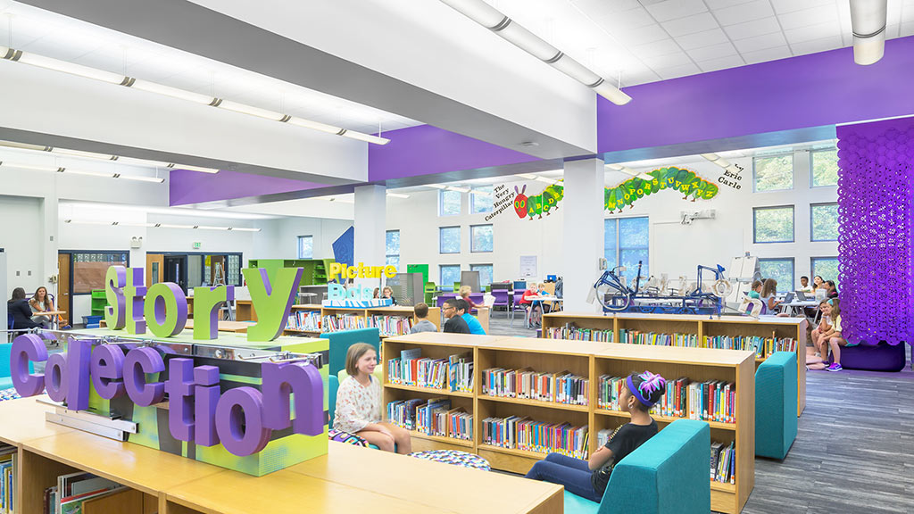 A library with people sitting at desks.