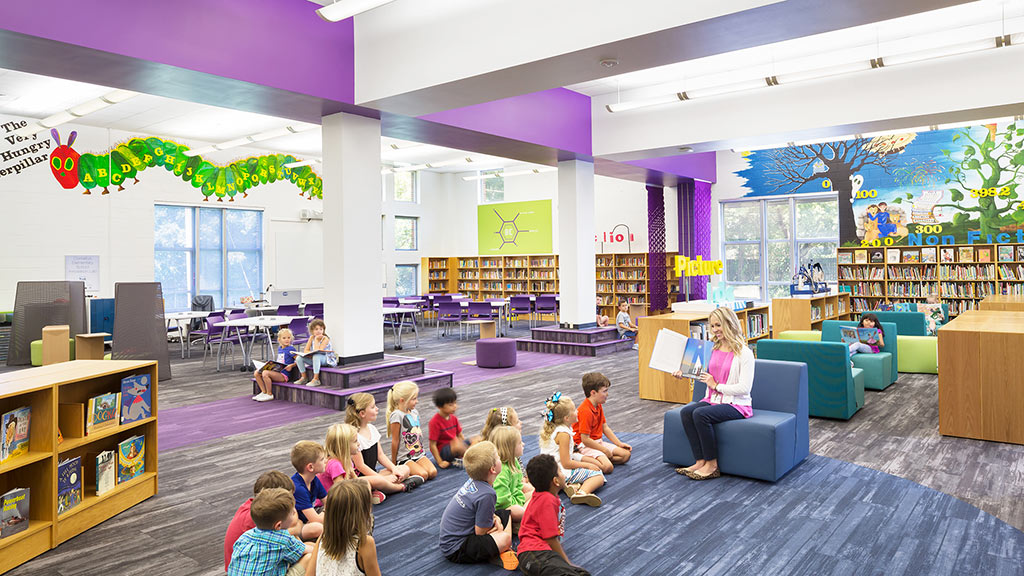 A group of children sitting on a couch in a room with a woman and a table.