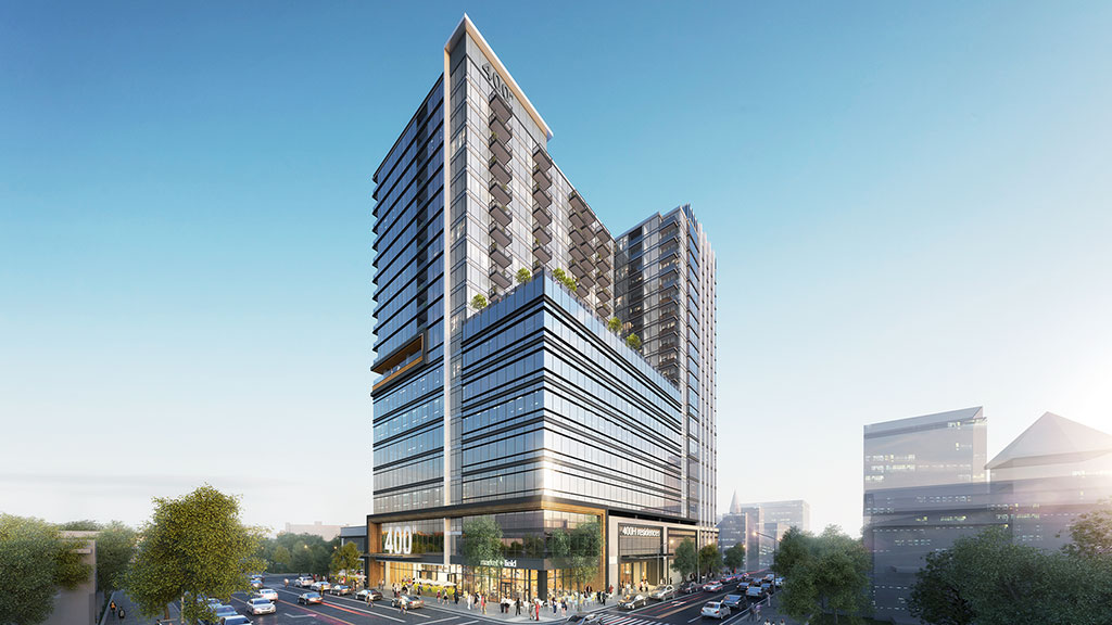 A tall building with many windows.