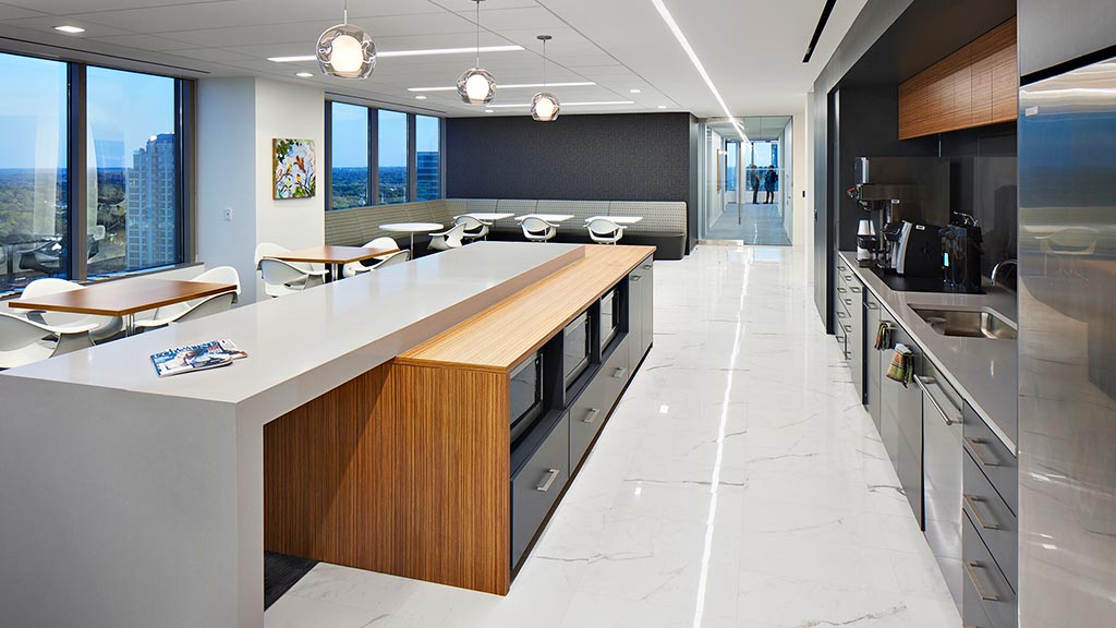 A kitchen with a large island.