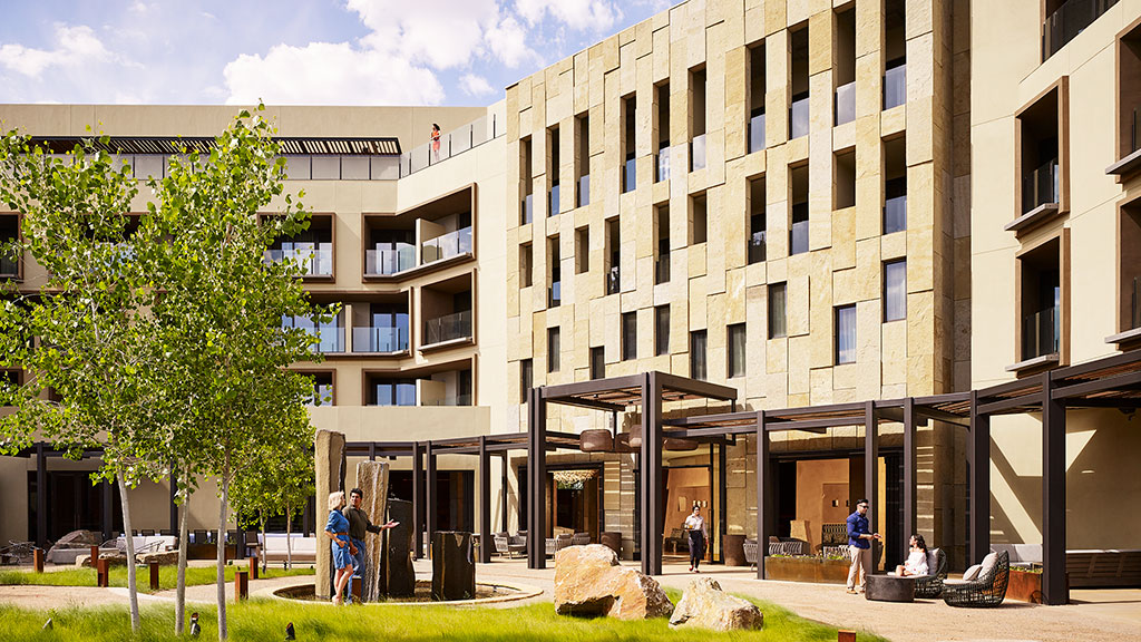 A building with people walking around.