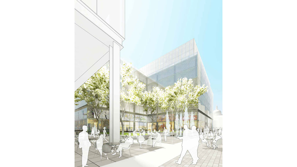 A building with a large glass front.