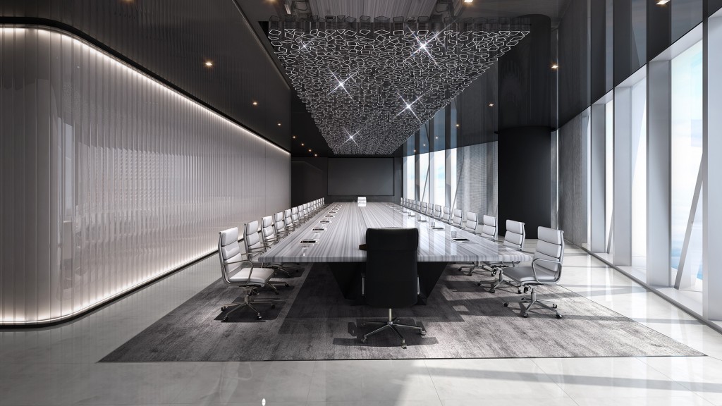 A conference room with a large table.