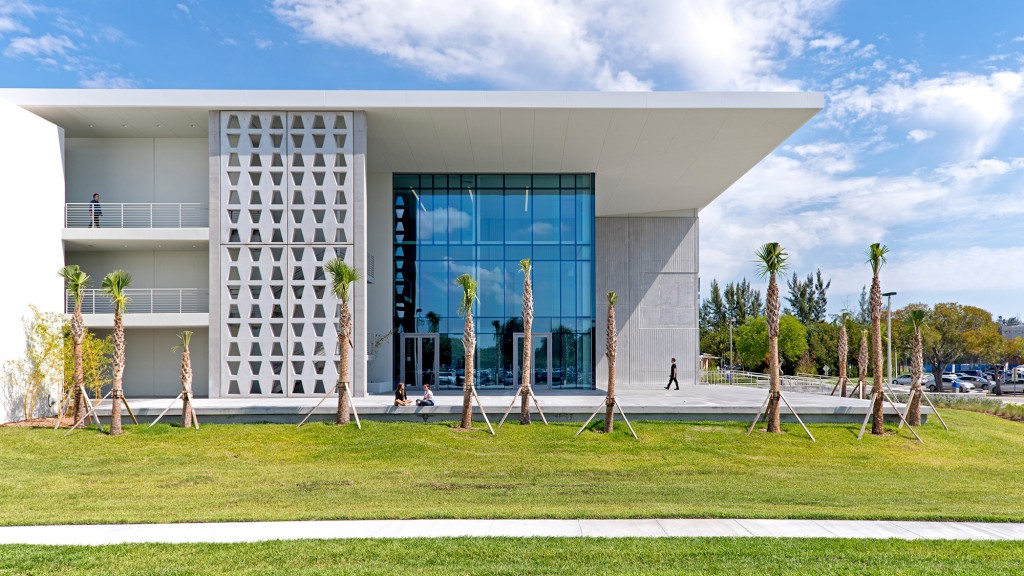 A building with a glass front.