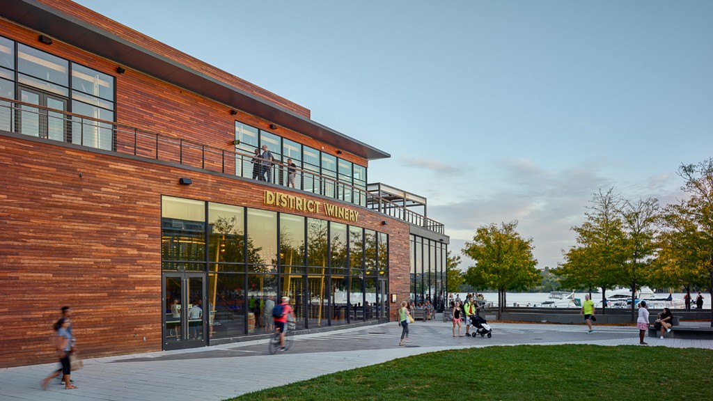 A building with people walking around.