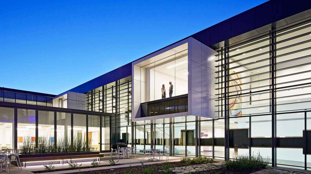 A building with glass windows.