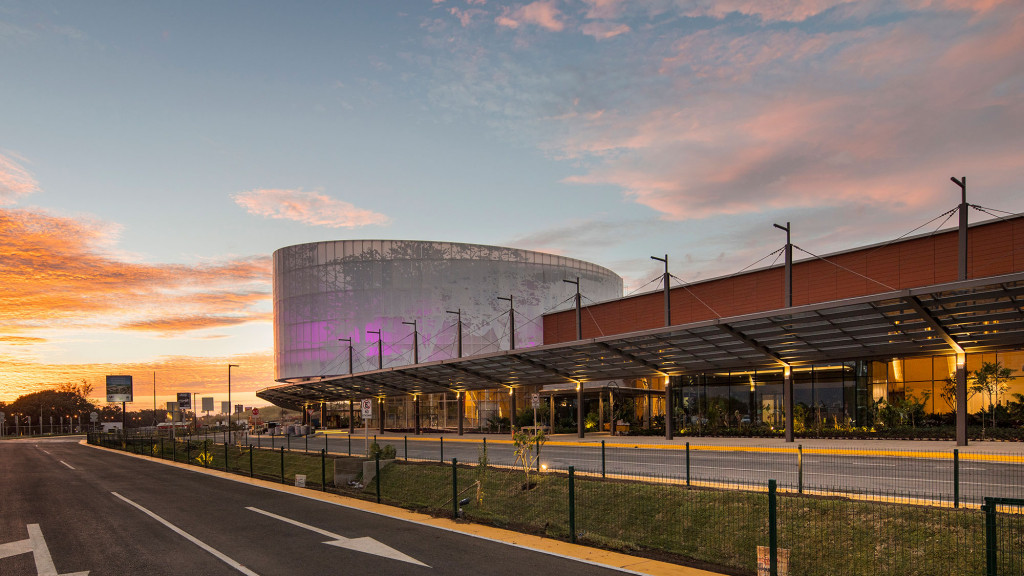 A building with a glass front.
