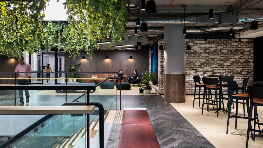 A pool and a building.