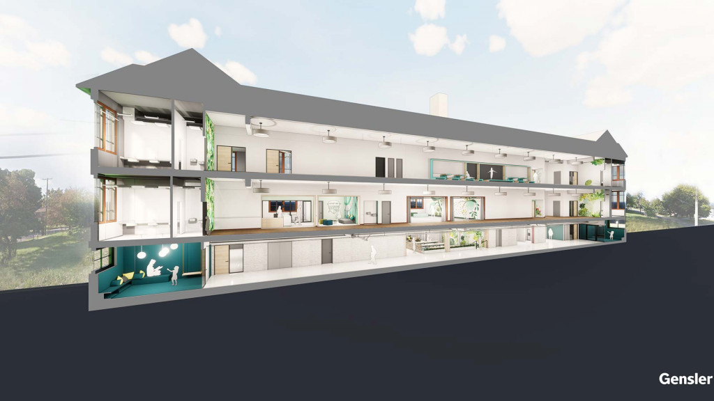 A building with a glass wall.