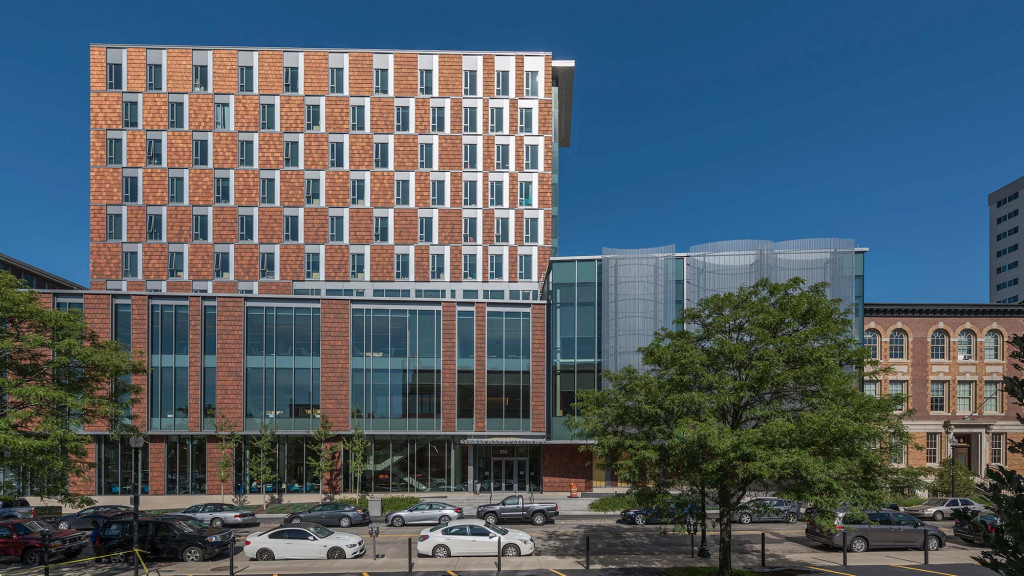 A large building with many windows.