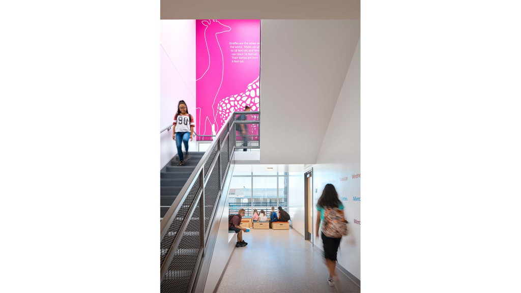 A group of people walking up stairs.