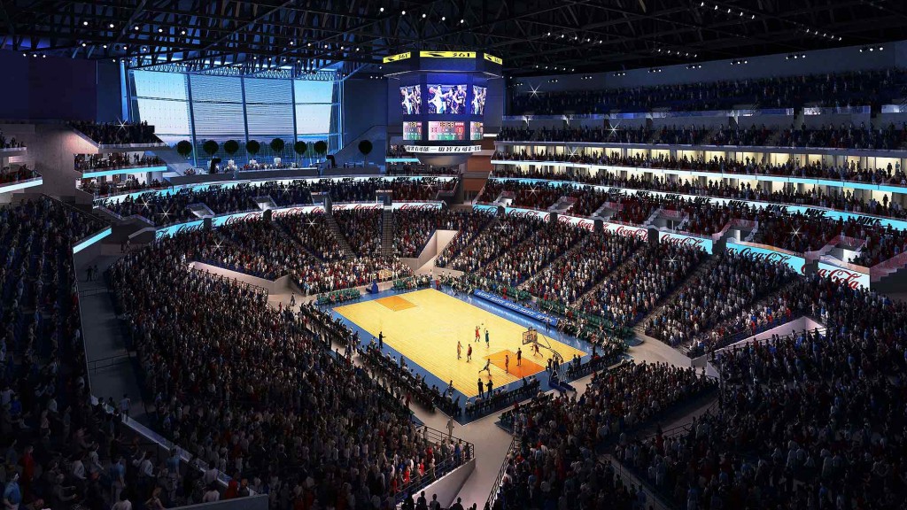 A large arena with a large crowd.