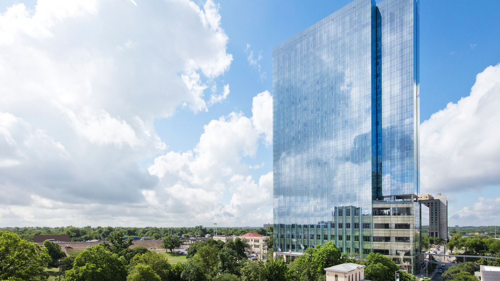 A tall glass building.