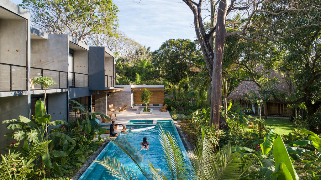A swimming pool in a backyard.