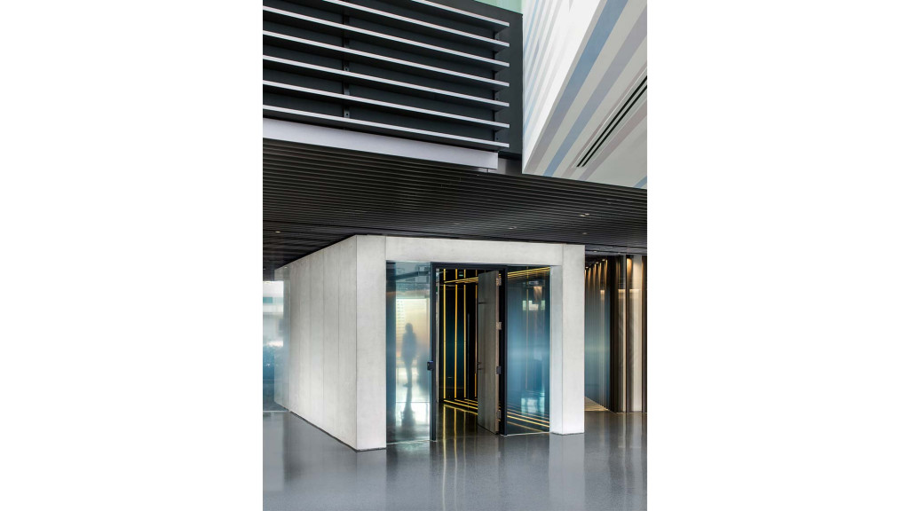 A building with glass doors.