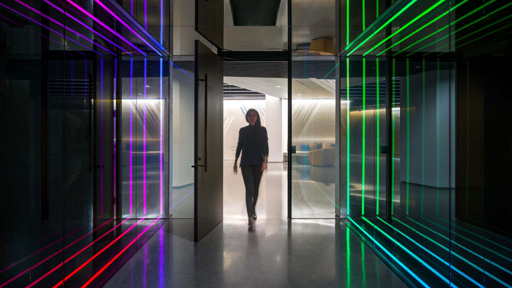A person walking through a building.