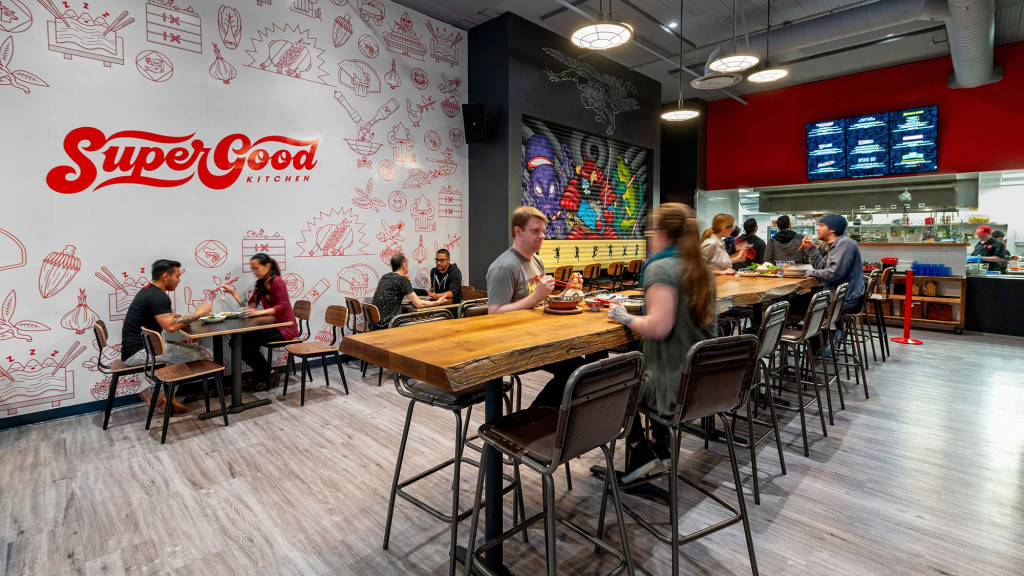 A group of people sitting at tables.