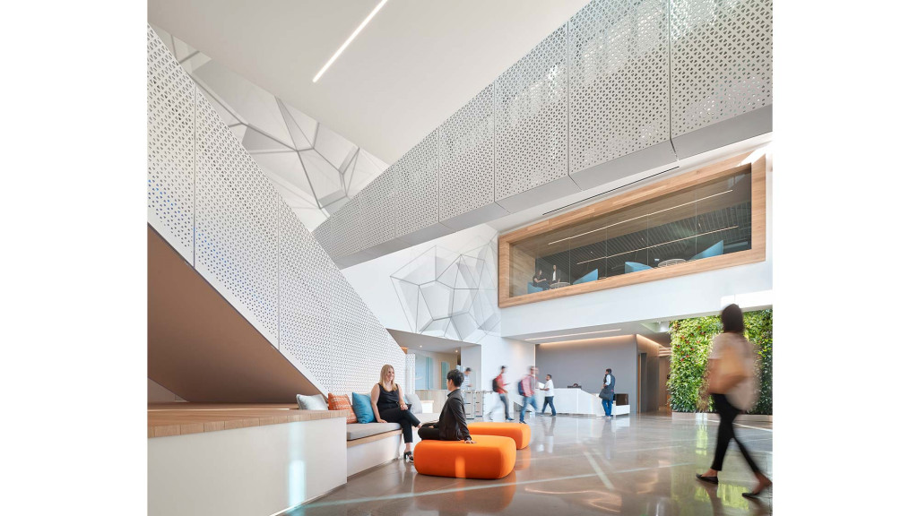 A group of people in a building.