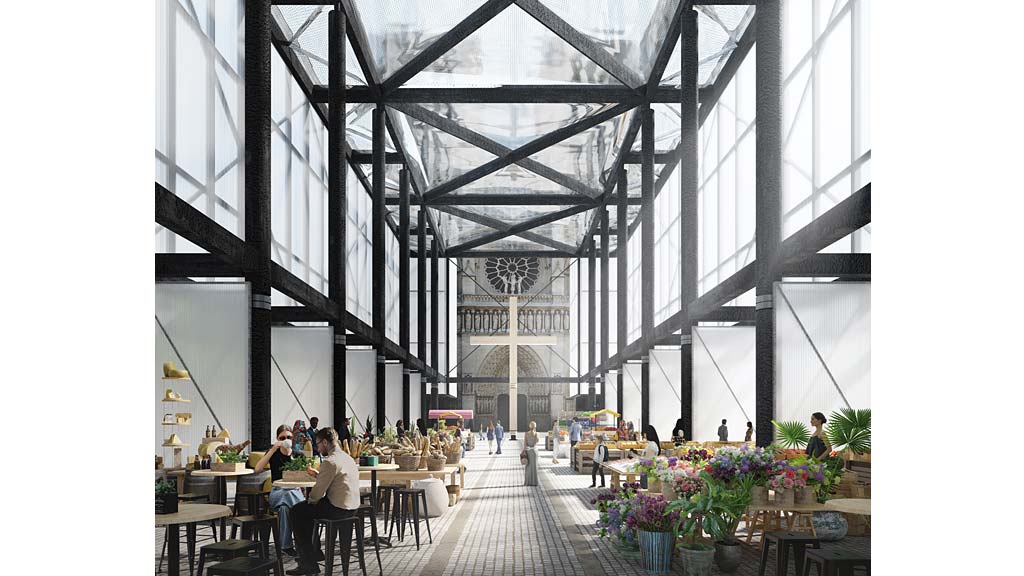 A large building with tables and chairs.