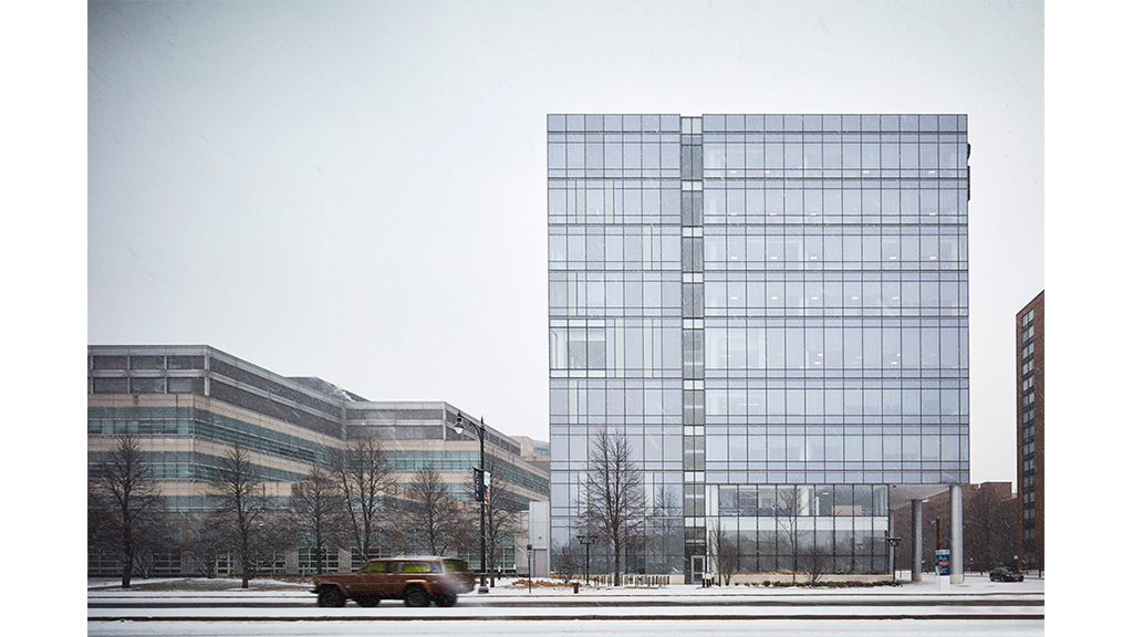 A large glass building.