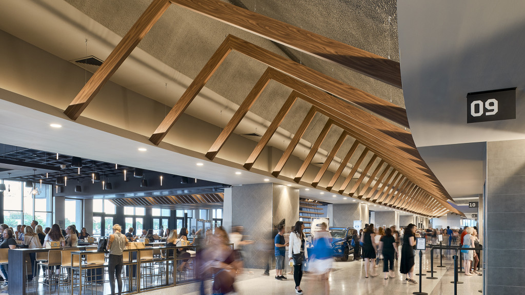 A group of people in a building.