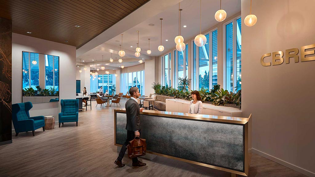 A man and woman in a lobby.