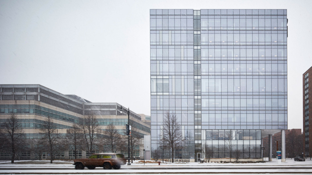 A large glass building.