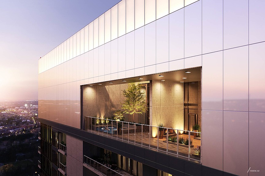 A building with a glass wall.