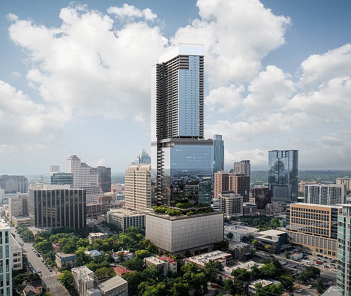 A city with tall buildings.