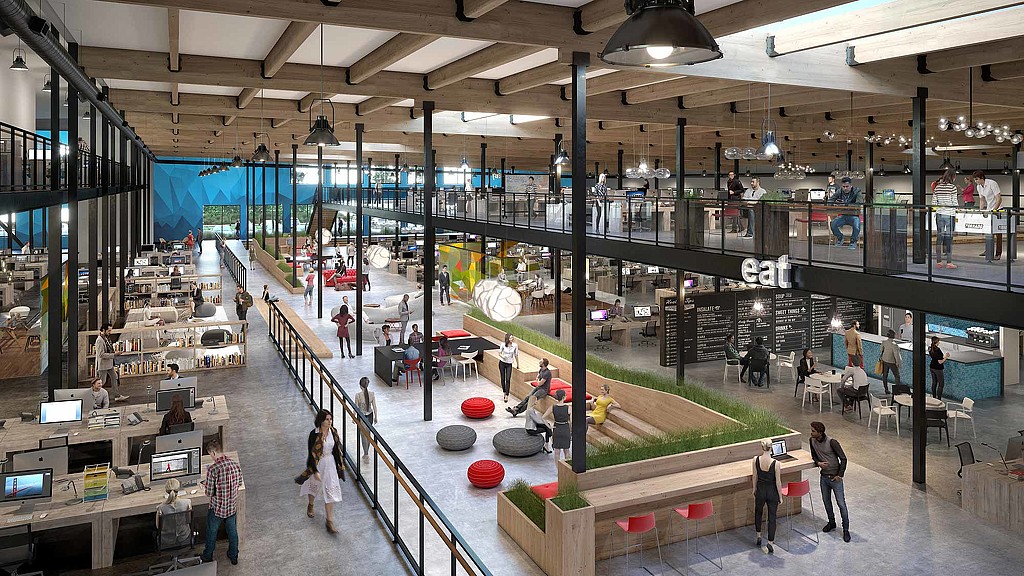 A high angle view of a shopping mall.