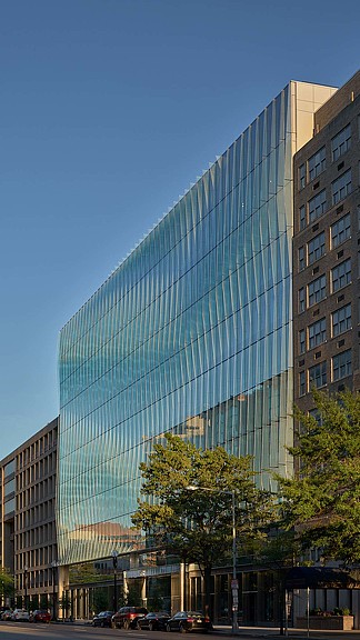 A tall glass building.