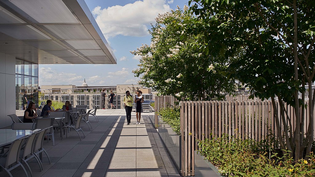 People walking on a walkway.