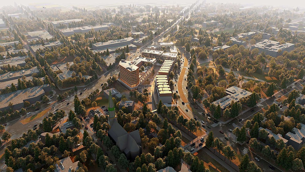 An aerial view of a city.