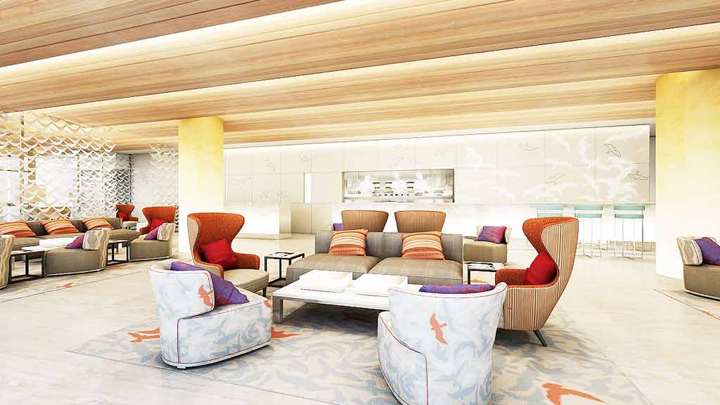 A living room with a large ceiling.