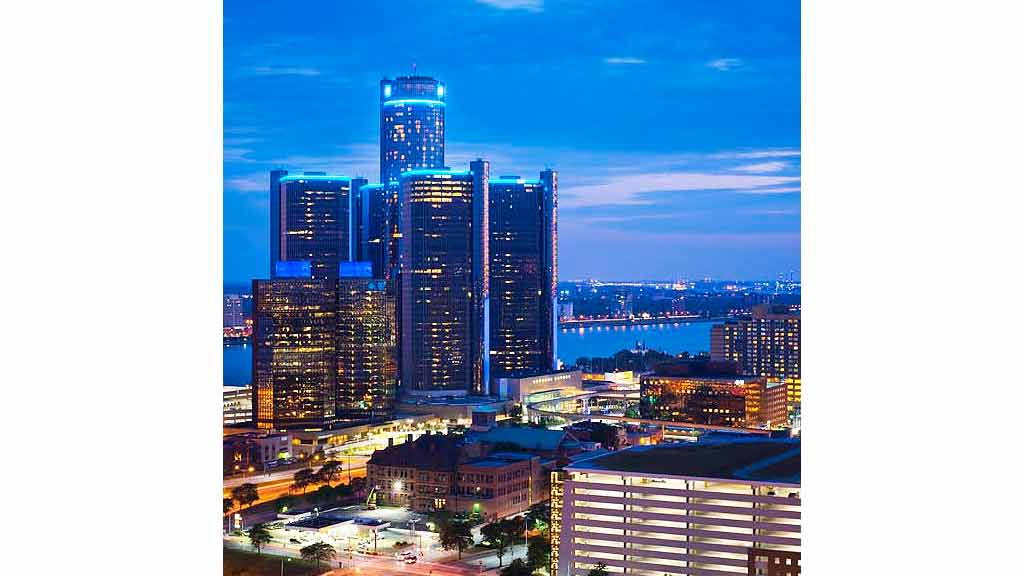 A city with tall buildings.