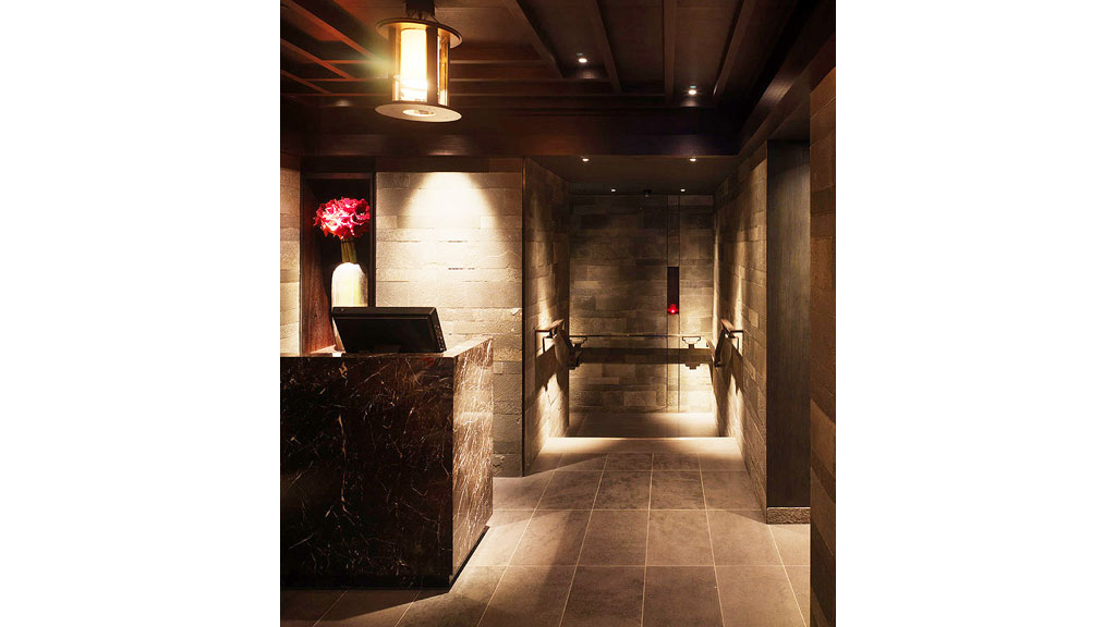 A hallway with a staircase and a plant on the wall.