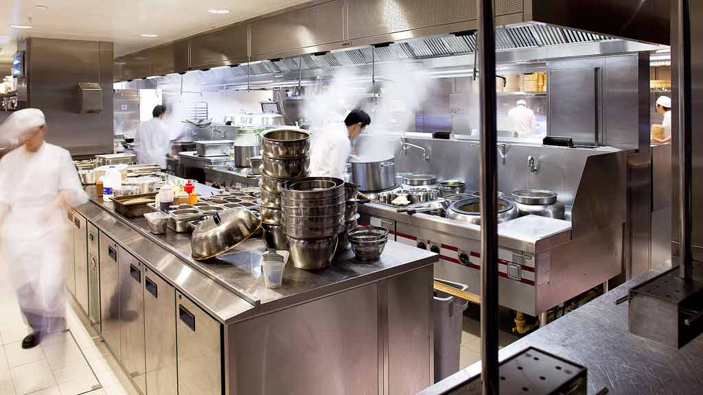 A couple of chefs working in a kitchen.
