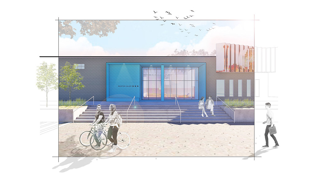 A few people walking up stairs.