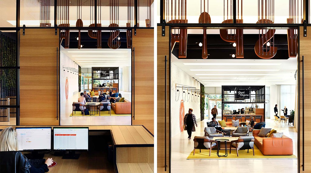 A collage of a room with people sitting at tables and a large window.