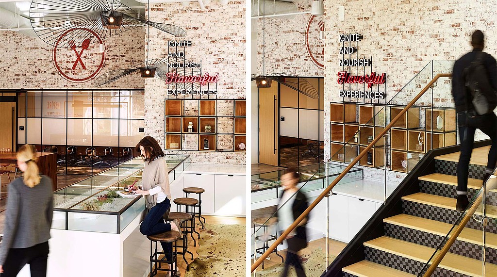 A collage of people in a room with a staircase and a table.