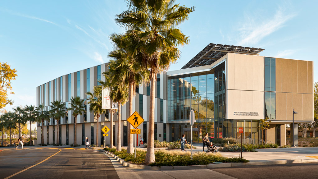 A building with palm trees and a road in front of it.